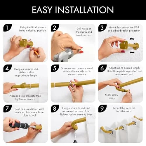 MERIVILLE 1-Inch Diameter Bay Window Curtain Rod Set | Metal, Gold Finish, Extendable from 20-72 inches thumbnail 6