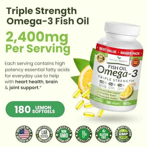 NATURE'S BRANCH Triple Strength Omega 3 Fish Oil 180 Count | Heart, Brain & Eye Health Support thumbnail 5