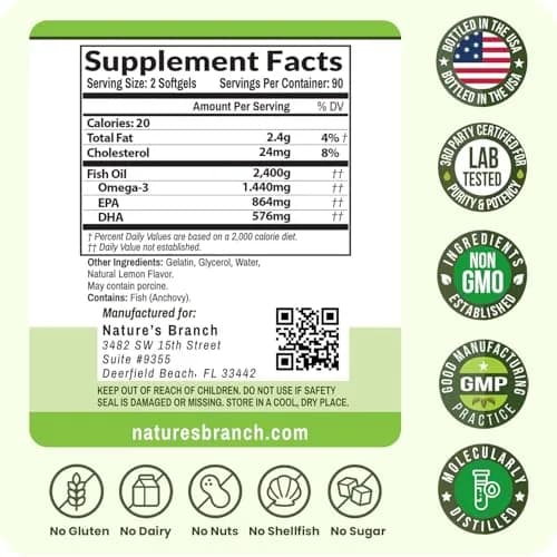 NATURE'S BRANCH Triple Strength Omega 3 Fish Oil 180 Count | Heart, Brain & Eye Health Support thumbnail 6