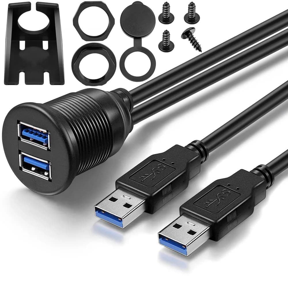 ICESPRING Dual USB 3.0 Flush Mount Extension Cable 0.91m (3 Feet) | High-Speed Data Transfer for Vehicles — black