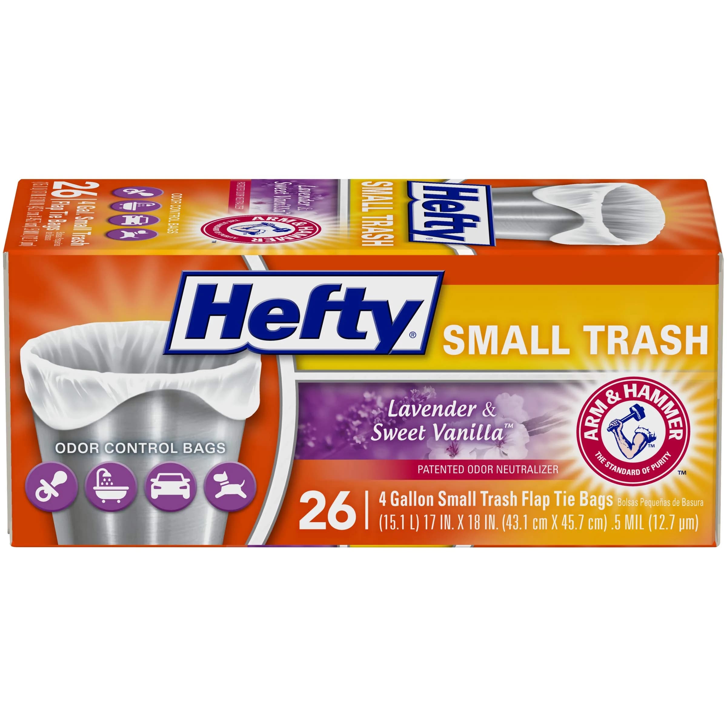 Hefty Small Trash Bags, Flap Tie, Lavender & Sweet Vanilla Scent, 4 Gallon, 26 Count | Odor Neutralizing Kitchen Bags - main product image