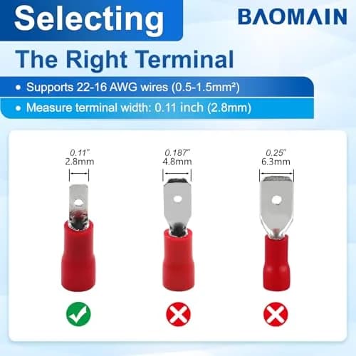 Baomain 0.11" Male Quick Disconnect Spade Terminals 22-16 AWG | Insulated Copper Connectors for Automotive & DIY thumbnail 4