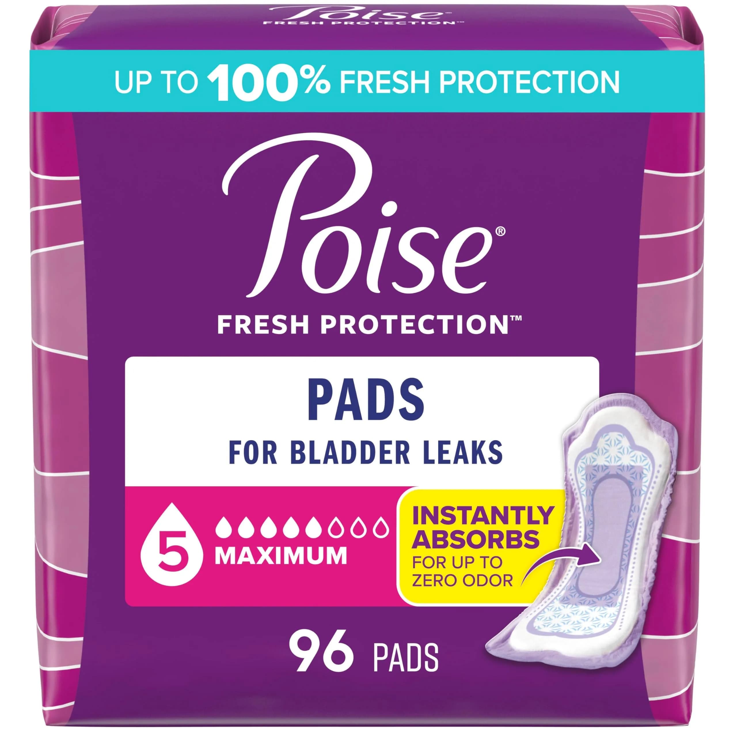 Poise Incontinence & Postpartum Pads Maximum Absorbency Long 84 Count | 12-Hour Odor Control & Leak Protection — Regular