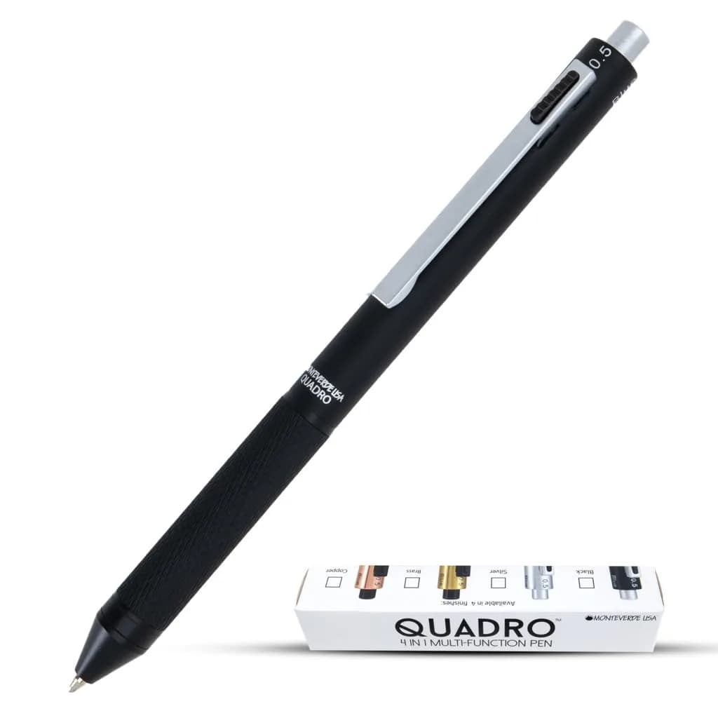 Monteverde Quadro 4-in-1 Multifunction Pen - Silver Finish - 13.5cm (5.3in) | Solid Brass Barrel with Knurled Grip — Black