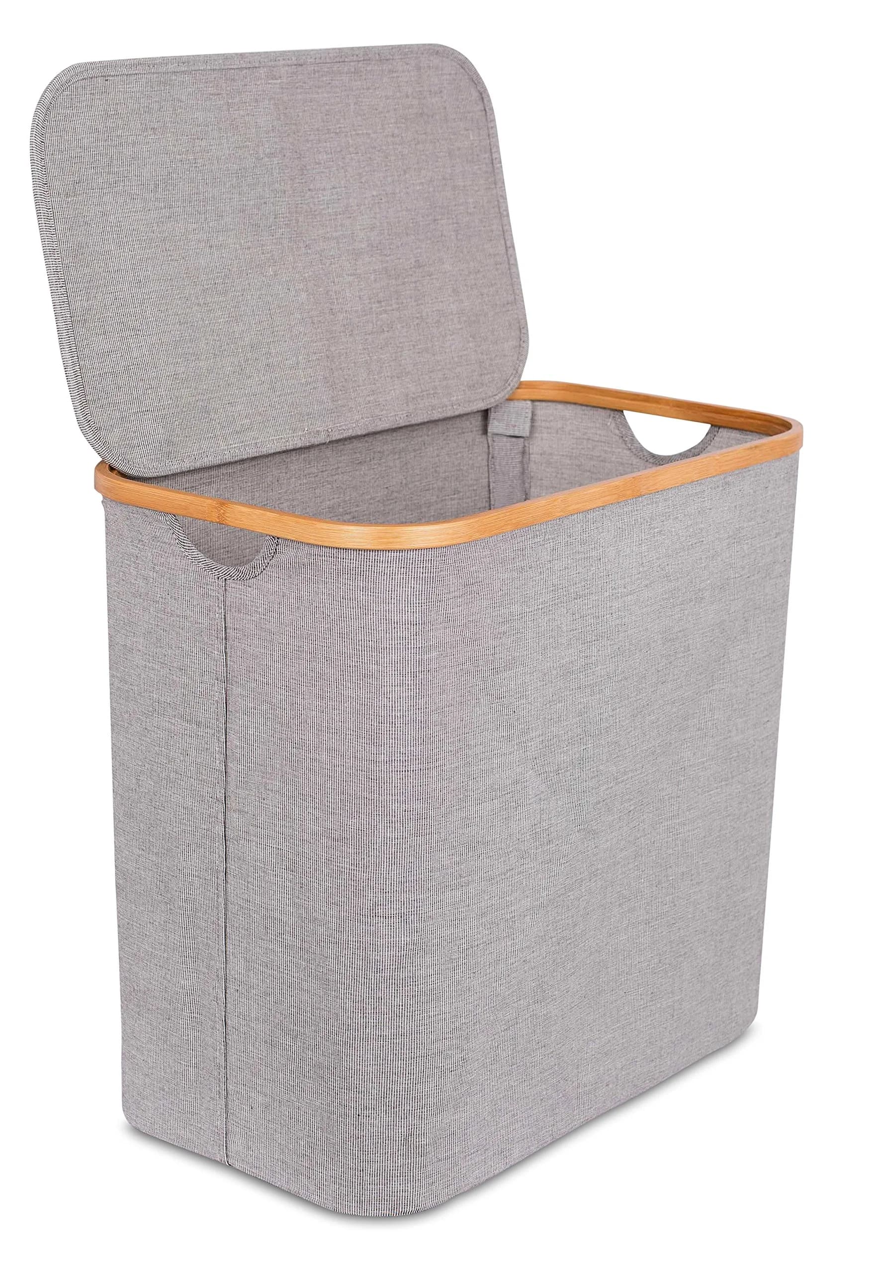 BIRDROCK HOME Bamboo & Canvas Hamper | Foldable Laundry Basket with Lid | 21x13x20 in | Grey - main product image