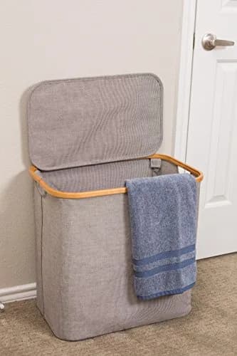 BIRDROCK HOME Bamboo & Canvas Hamper | Foldable Laundry Basket with Lid | 21x13x20 in | Grey thumbnail 5