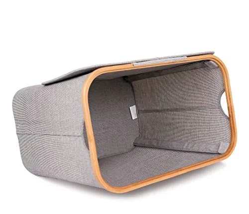 BIRDROCK HOME Bamboo & Canvas Hamper | Foldable Laundry Basket with Lid | 21x13x20 in | Grey thumbnail 6