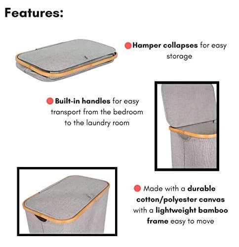 BIRDROCK HOME Bamboo & Canvas Hamper | Foldable Laundry Basket with Lid | 21x13x20 in | Grey thumbnail 3