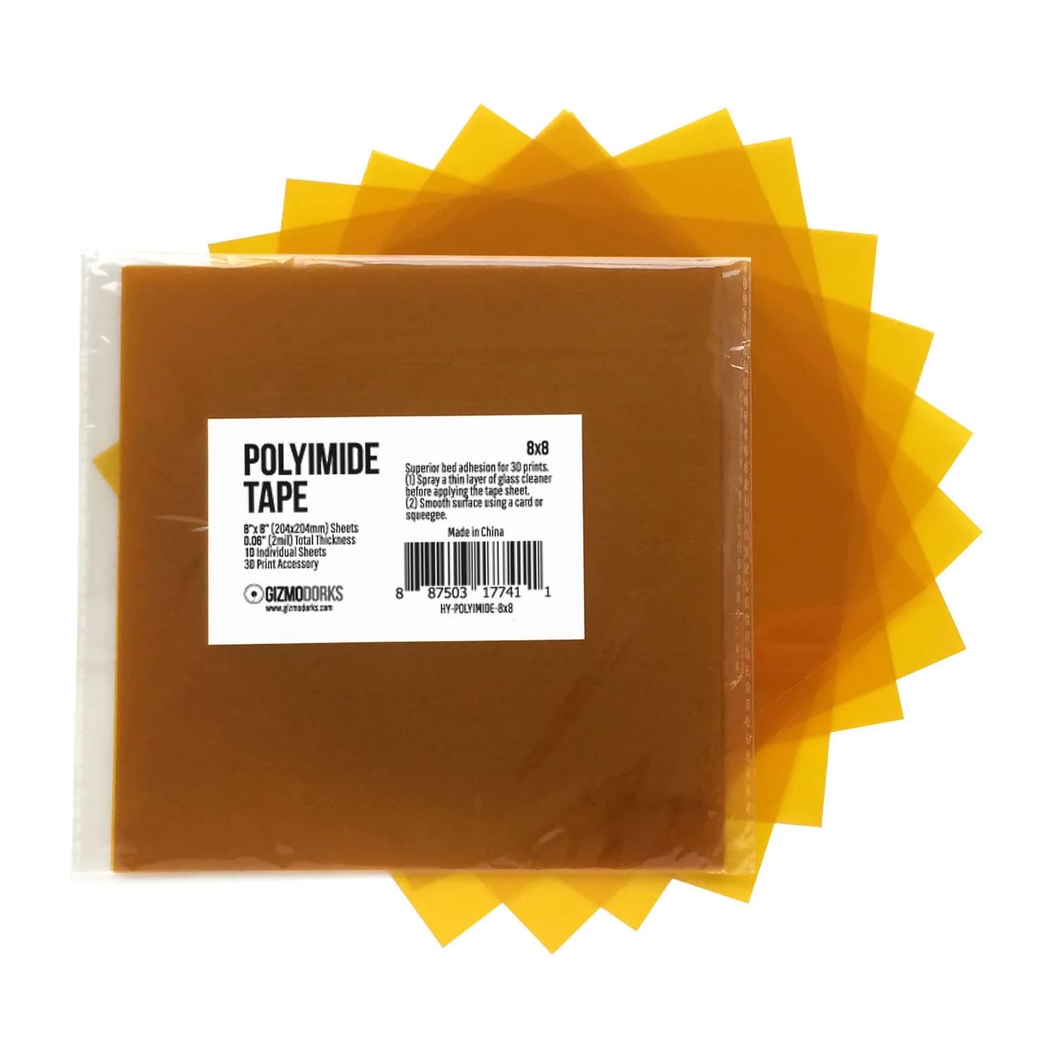 Gizmo Dorks 8 in x 8 in Kapton Polyimide Tape Sheets 10 Pack | Extreme Temperature & Superior Adhesion
