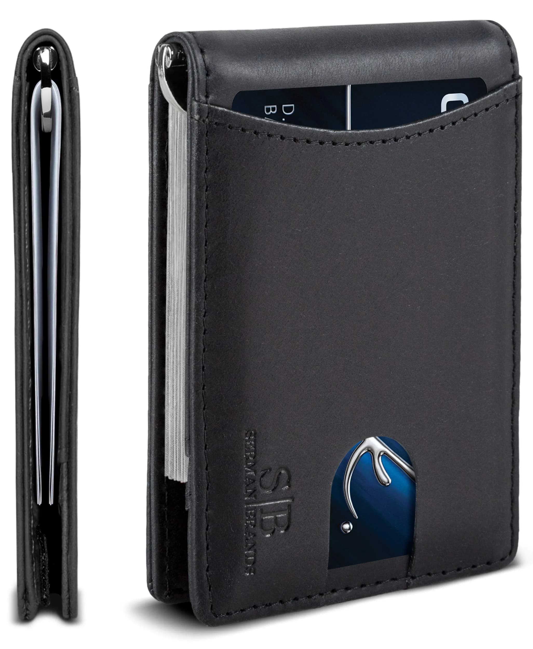 SERMAN BRANDS RFID Blocking Slim Bifold Leather Wallet for Men with Money Clip | Minimalist Front Pocket Design — Charcoal Black 1.S