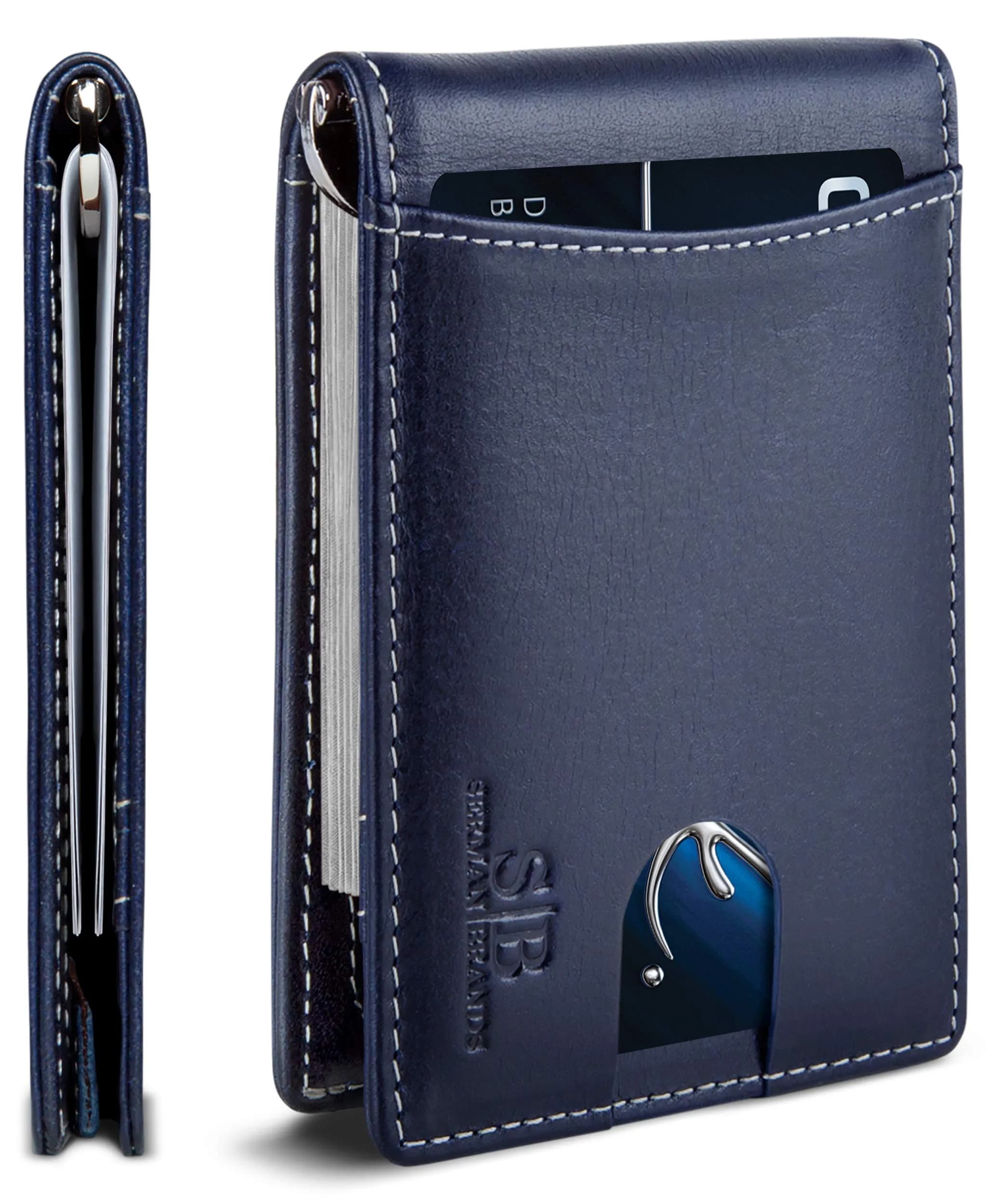 SERMAN BRANDS RFID Blocking Slim Bifold Leather Wallet for Men with Money Clip | Minimalist Front Pocket Design — Atlantic Blue 1.S