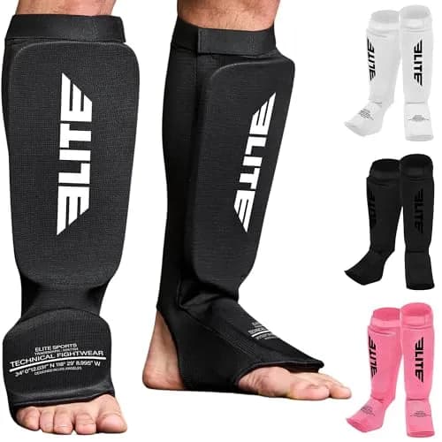 Elite Sports Kickboxing MMA Muay Thai Shin & Instep Guards Leg Pad Training Protective Gear Black/White (Pair, L/XL) thumbnail 1