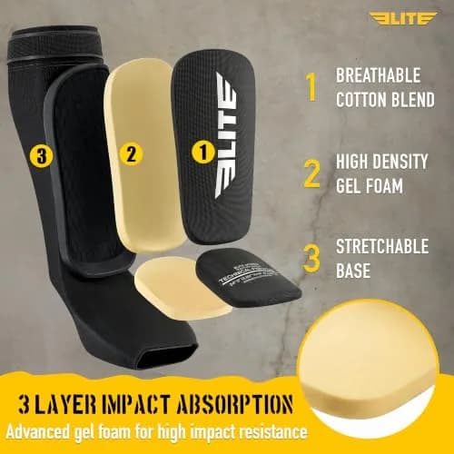Elite Sports Kickboxing MMA Muay Thai Shin & Instep Guards Leg Pad Training Protective Gear Black/White (Pair, L/XL) thumbnail 5