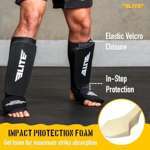 Elite Sports Kickboxing MMA Muay Thai Shin & Instep Guards Leg Pad Training Protective Gear Black/White (Pair, L/XL) thumbnail 2
