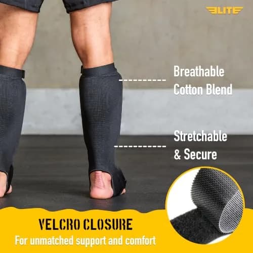 Elite Sports Kickboxing MMA Muay Thai Shin & Instep Guards Leg Pad Training Protective Gear Black/White (Pair, L/XL) thumbnail 3