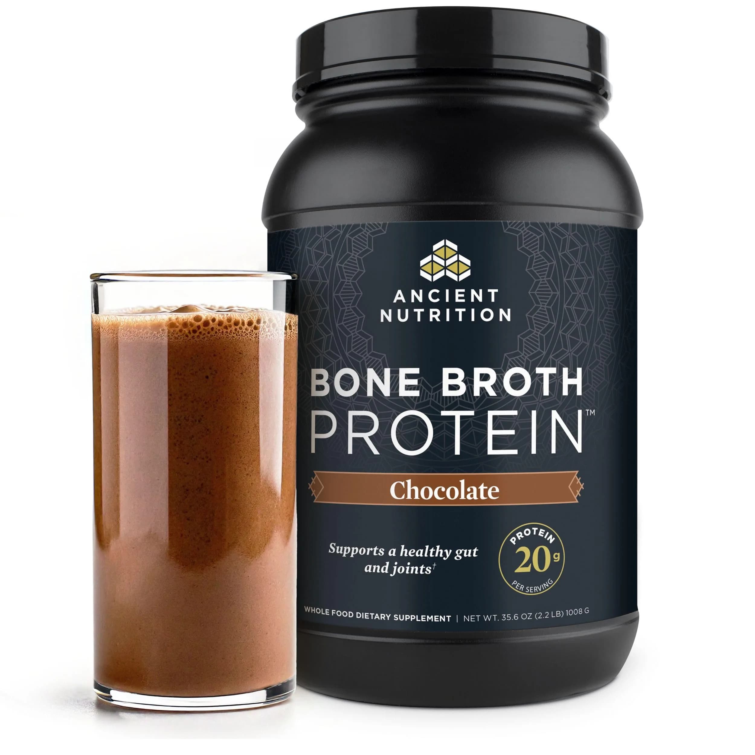 Ancient Nutrition Chocolate protein powder tub Bone broth 40 servings