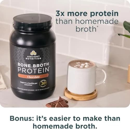 Ancient Nutrition Grass Fed Bone Broth Protein Powder Chocolate 1kg (35.6oz) | 20g Protein Per Serving thumbnail 6