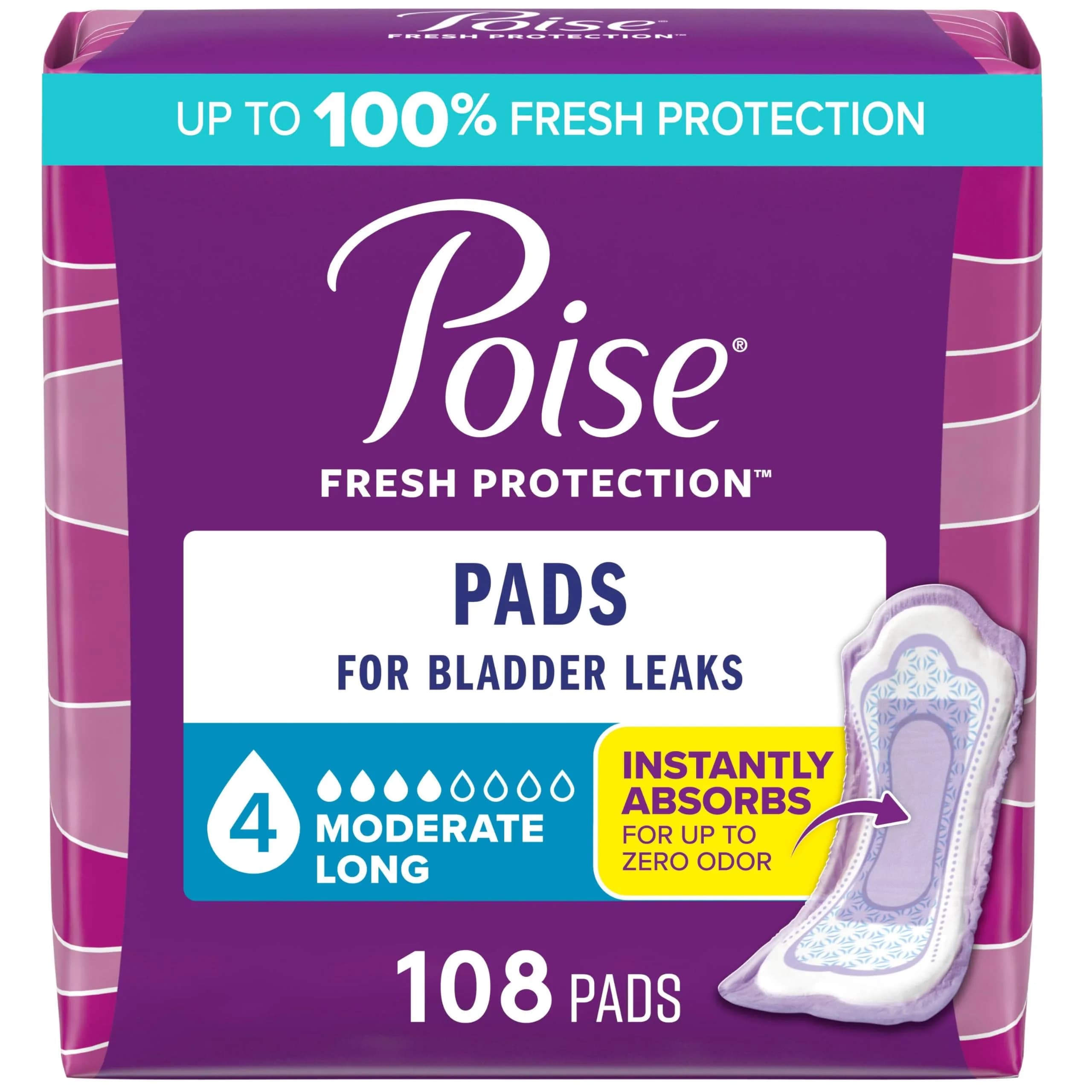 Poise Incontinence Pads for Women, 4 Drop Moderate Absorbency, 108 Count Long | Dermatologist Tested Protection