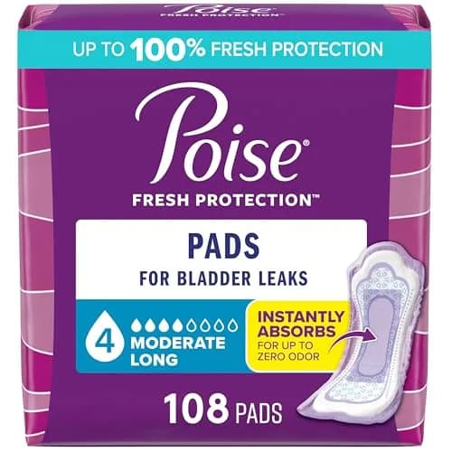 Poise Incontinence Pads for Women, 4 Drop Moderate Absorbency, 108 Count Long | Dermatologist Tested Protection thumbnail 1