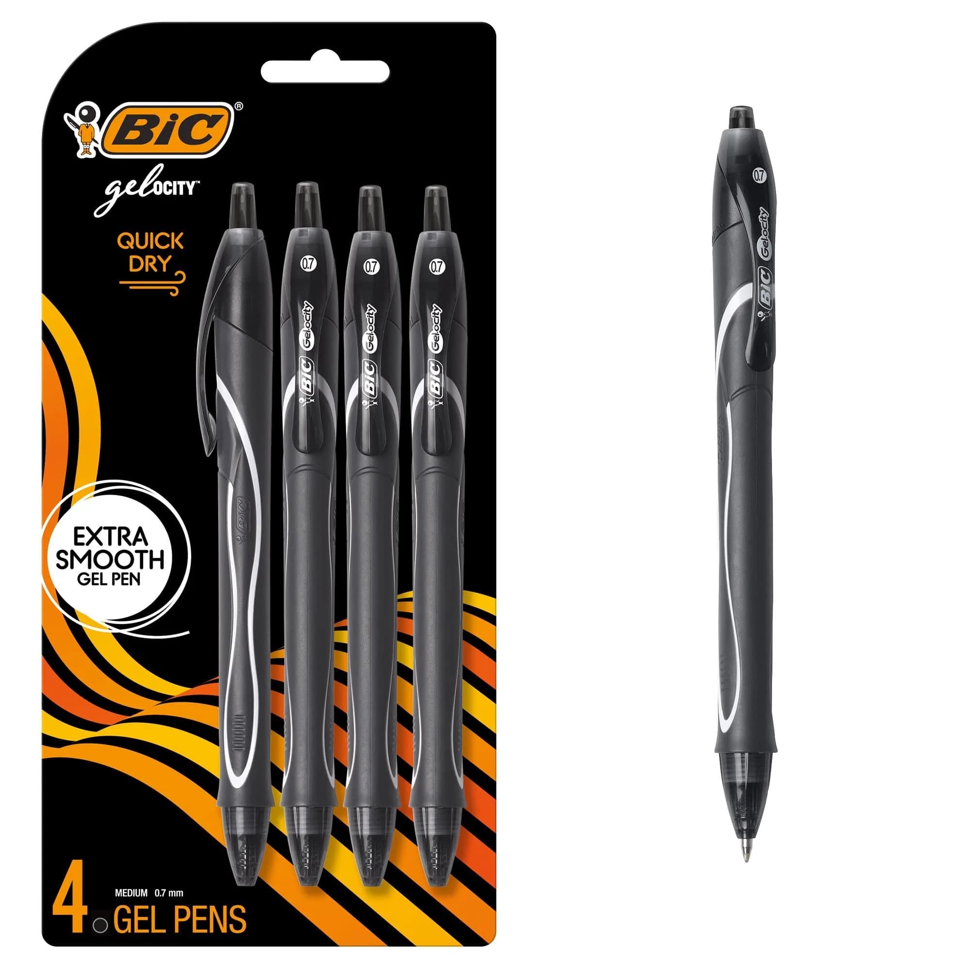 BIC Gelocity Quick Dry Black Gel Pens, Medium Point, 0.7mm, 4-Count | Smear-Resistant Ink — Black