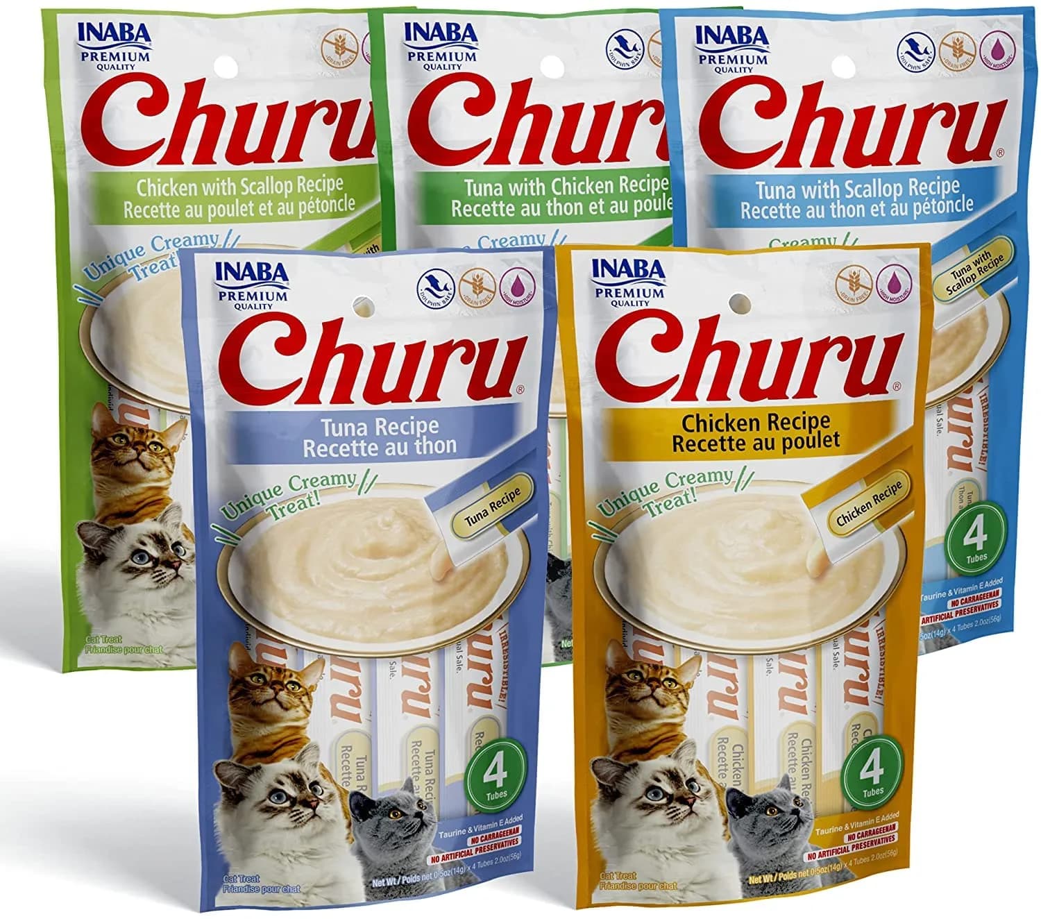 INABA Churu Lickable Creamy Purée Cat Treats 5 Flavor Variety Pack 10 oz (20 Tubes) | Hydrating & Low Calorie — 0.5 Ounce