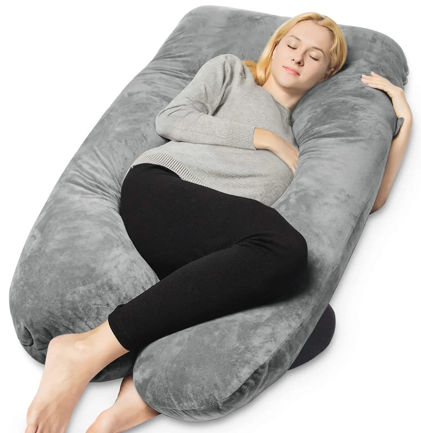 QUEEN ROSE Cooling U-Shaped Pregnancy Pillow 55in (140cm) with Cooling Silky Jersey Cover | Full Body Maternity Support Pillow — Platinum Grey