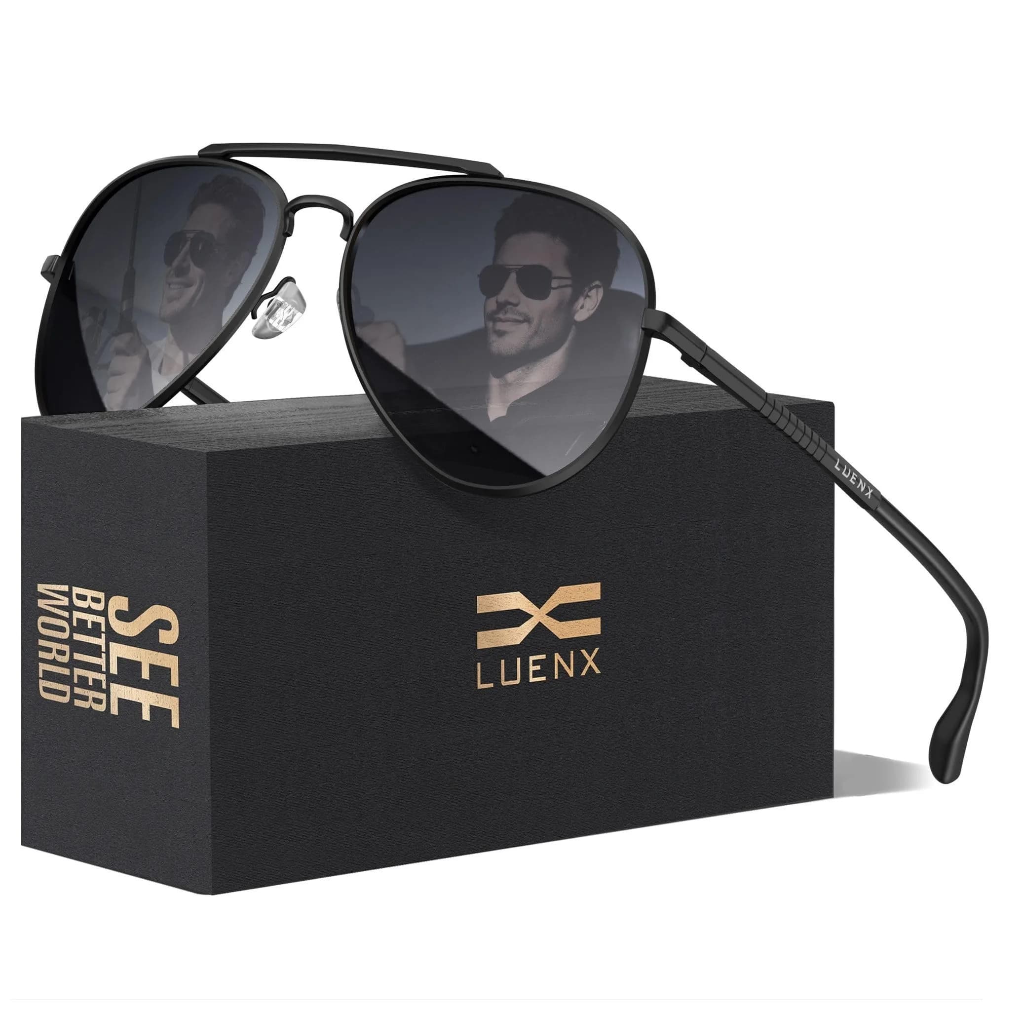 Luenx Aviator Polarized Sunglasses Men Women Classic UV400 Driving | 60mm Black Lens, Lightweight Metal Frame - main product image