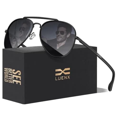 Luenx Aviator Polarized Sunglasses Men Women Classic UV400 Driving | 60mm Black Lens, Lightweight Metal Frame thumbnail 1