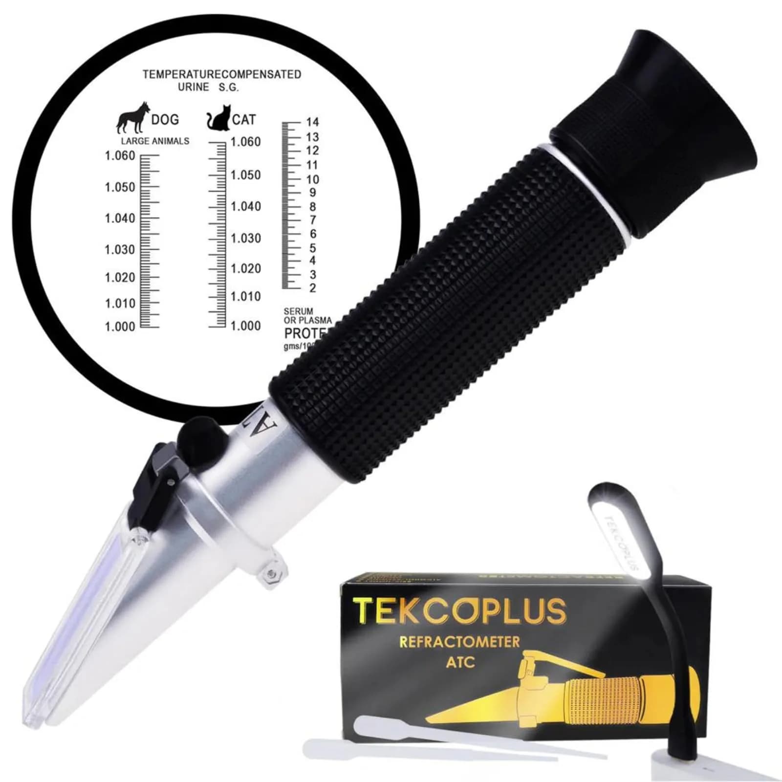 TEKCOPLUS 3-in-1 Animal Clinical Refractometer Urine SG & Serum Protein with ATC 20.5 cm (8.1 in) | Veterinary Health Index Tester