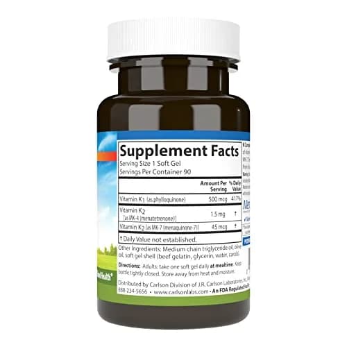 Carlson K Complete Vitamin K-1, K2 as MK-4, 90 Softgels thumbnail 2