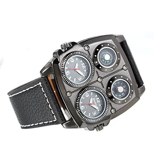 Avaner Men's Steampunk Dual Time Zone Leather Watch 5.1cm (2") Square Case | Dual Quartz Movement thumbnail 2