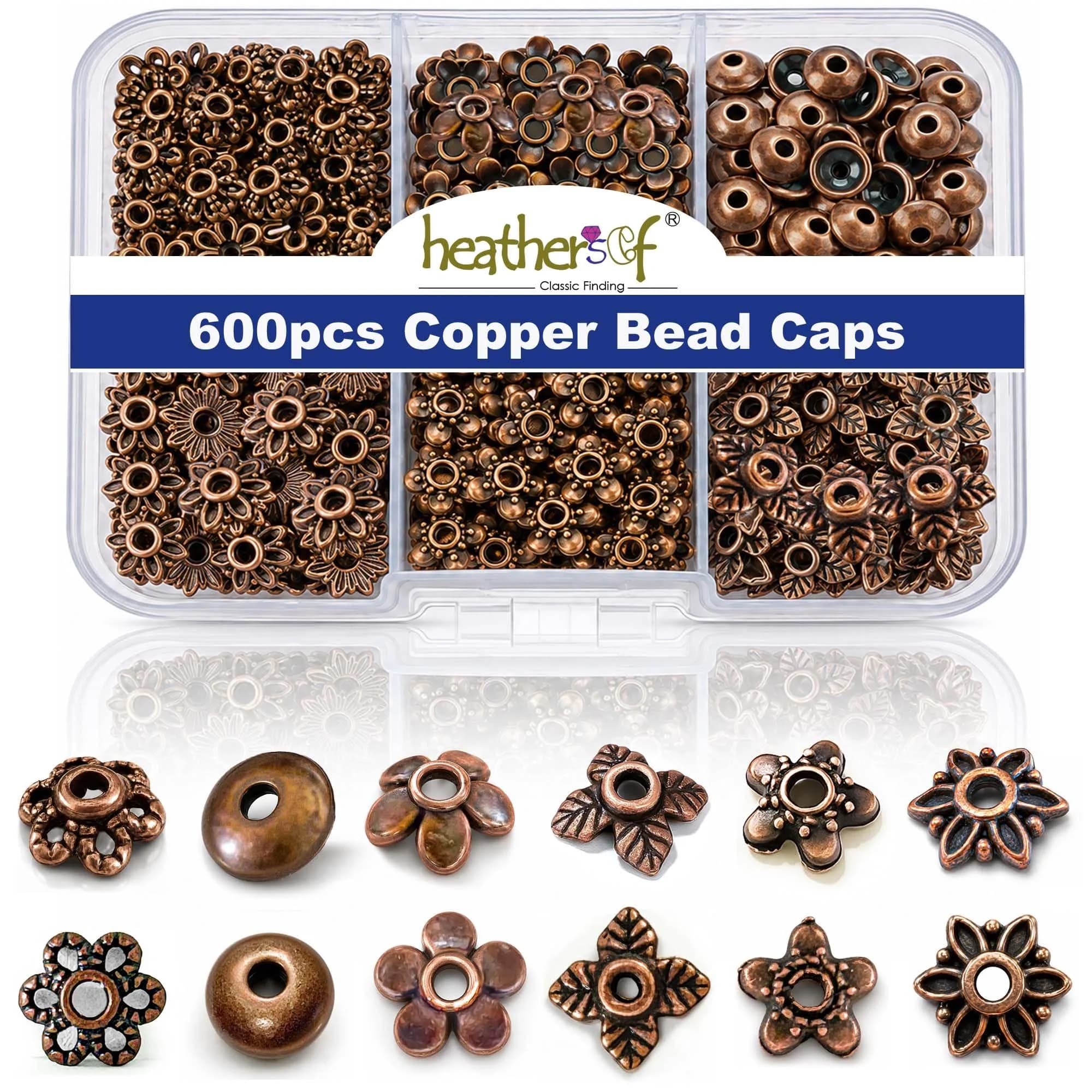 Heather's cf 600PCS Mixed Copper Metal Bead Caps for Jewelry Making, 6mm Flower Bead Caps Fit 8-10mm Beads - main product image