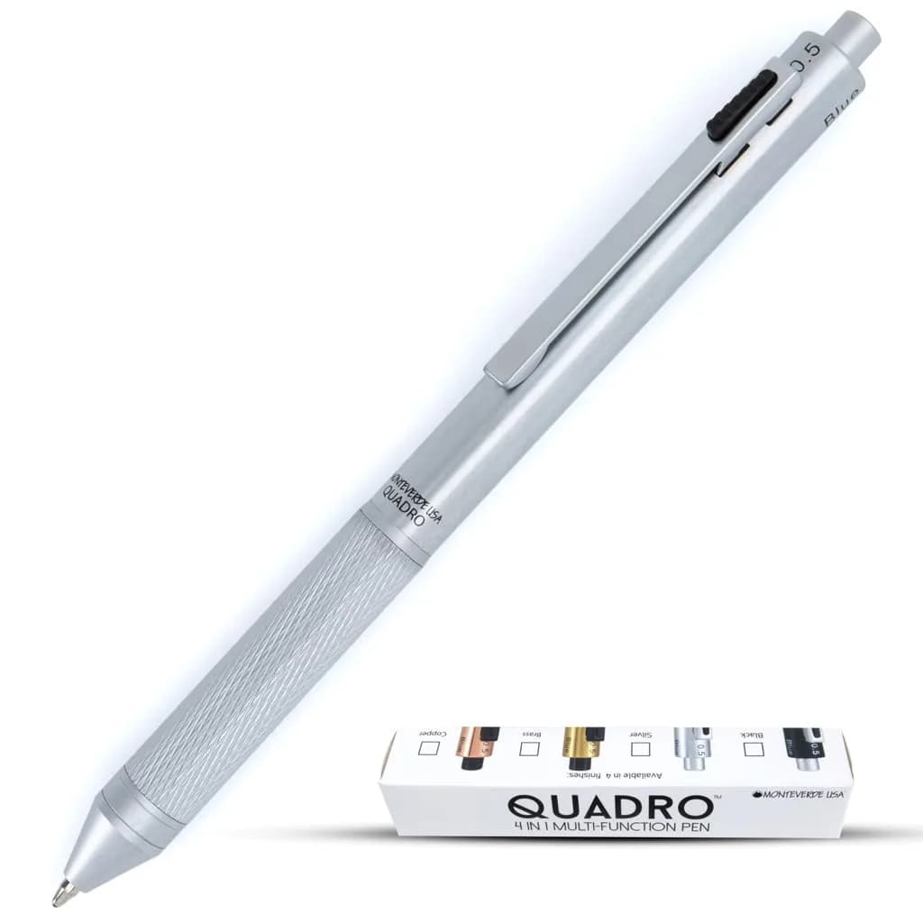 Monteverde Quadro 4-in-1 Multifunction Pen - Silver Finish - 13.5cm (5.3in) | Solid Brass Barrel with Knurled Grip