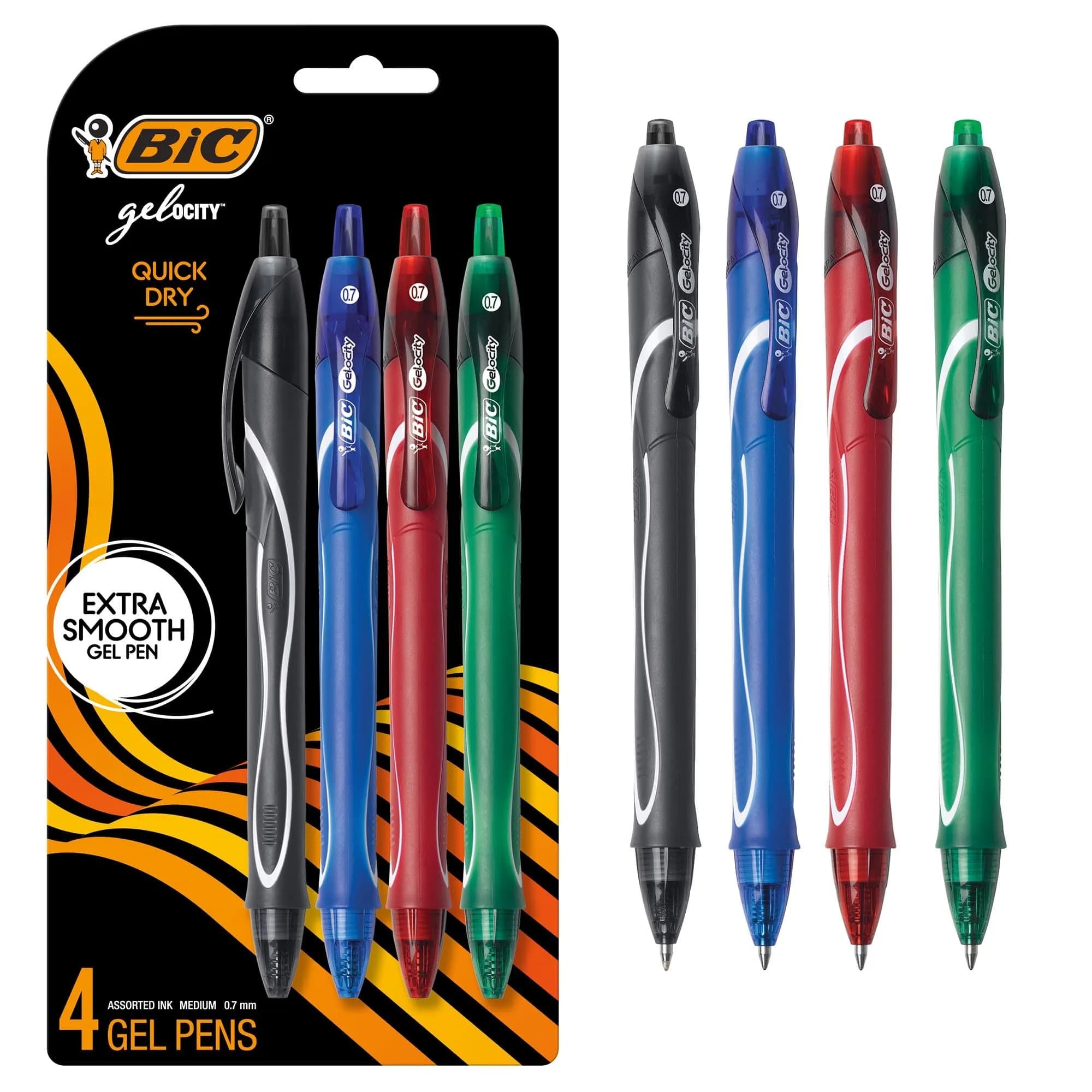 BIC Gelocity Quick Dry Black Gel Pens, Medium Point, 0.7mm, 4-Count | Smear-Resistant Ink — Black, Blue, Red, Green