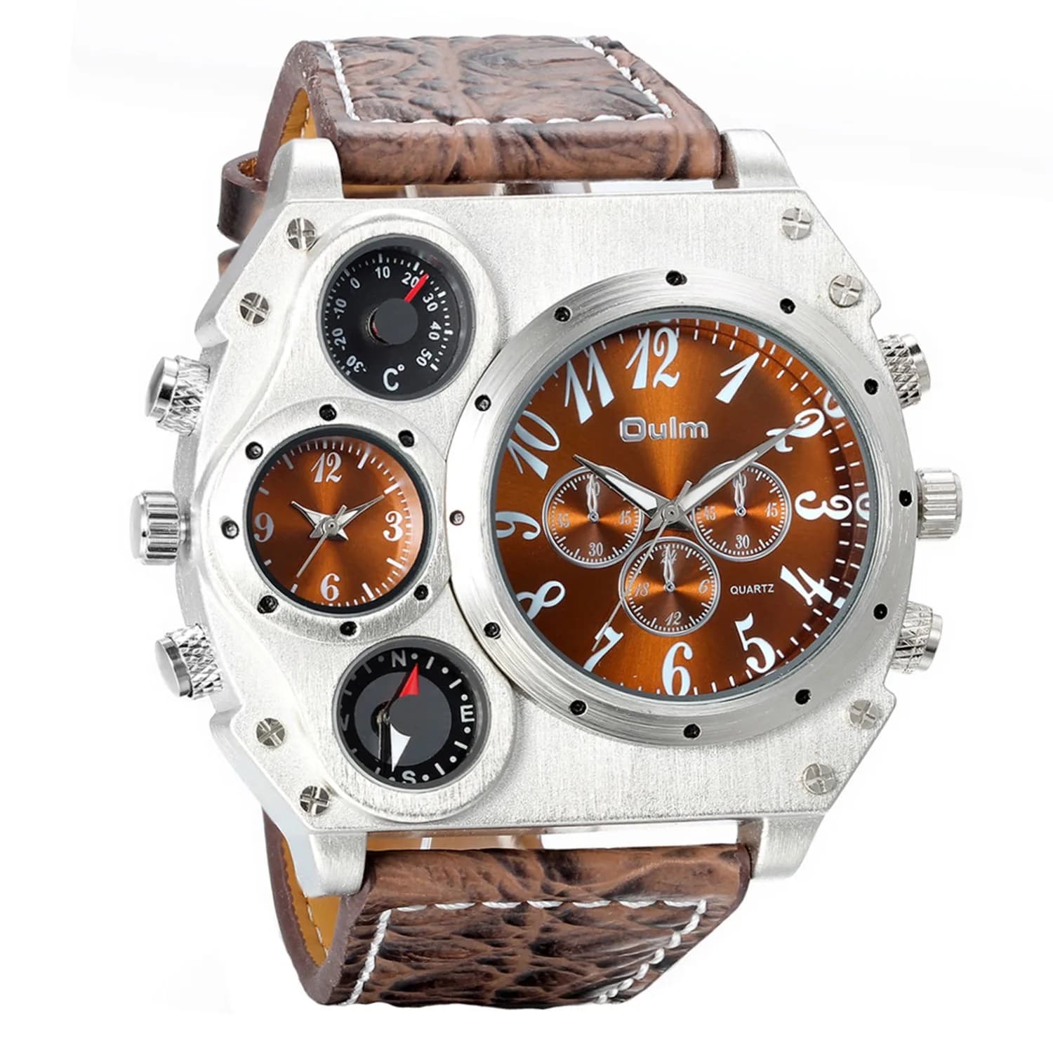 Avaner Men's Oversized Dual Time Zone Steampunk Leather Watch | 50mm Case, 27.5cm Length — Brown