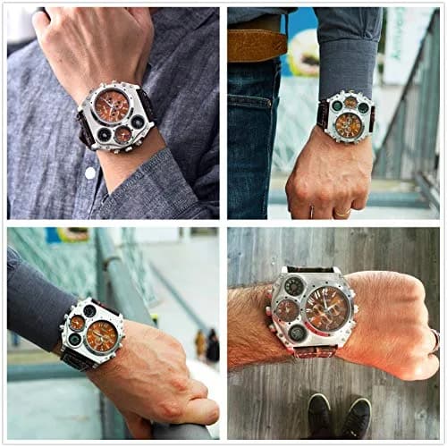 Avaner Men's Dual Time Zone Watch 58mm (2.3in) with Brown Leather Strap | Oversized Analog Quartz thumbnail 4