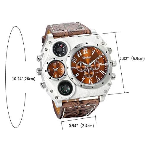 Avaner Men's Dual Time Zone Watch 58mm (2.3in) with Brown Leather Strap | Oversized Analog Quartz thumbnail 5
