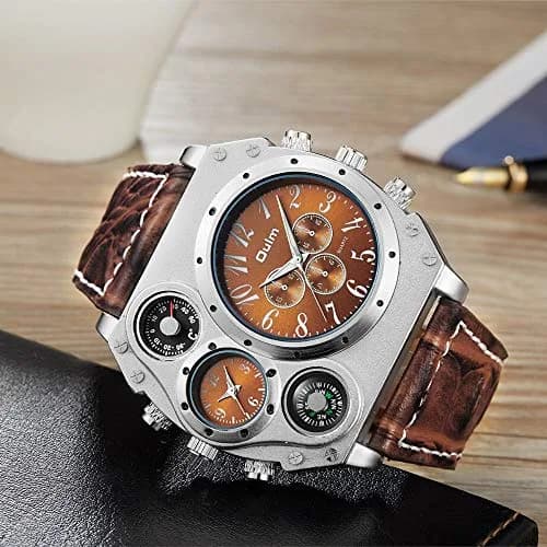 Avaner Men's Dual Time Zone Watch 58mm (2.3in) with Brown Leather Strap | Oversized Analog Quartz thumbnail 2