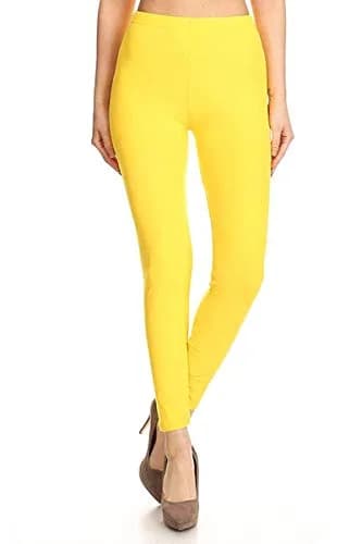 Leggings Depot Womens 1" Waistband High Waisted Solid Leggings Pants (Full Length, Yellow, One Size) thumbnail 2