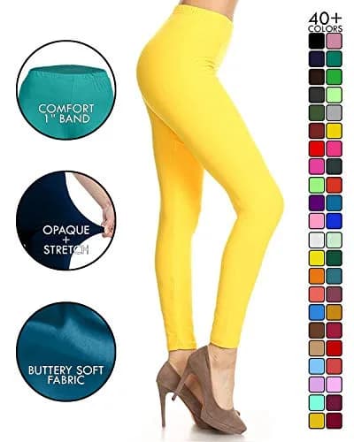 Leggings Depot Womens 1" Waistband High Waisted Solid Leggings Pants (Full Length, Yellow, One Size) thumbnail 3