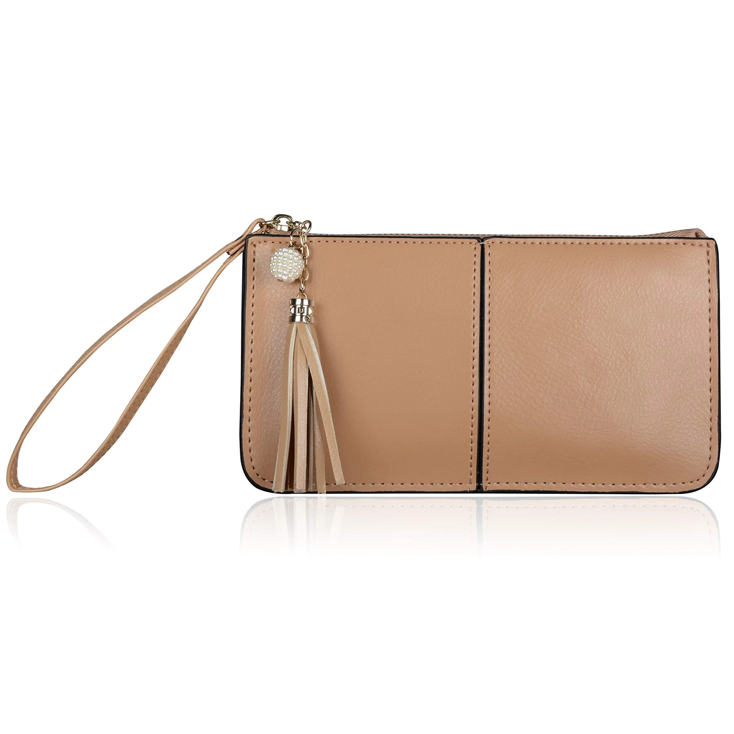befen Genuine Leather Wristlet Clutch for Women Ultra-Slim Ladies Credit Card Holder Wallet Purses with RFID Protection (Kelly Green, 20.6cm x 11cm) — Tan