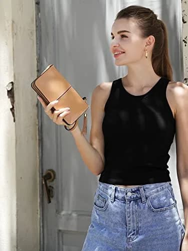 befen Genuine Leather Wristlet Clutch for Women Ultra-Slim Ladies Credit Card Holder Wallet Purses with RFID Protection (Tan) thumbnail 2
