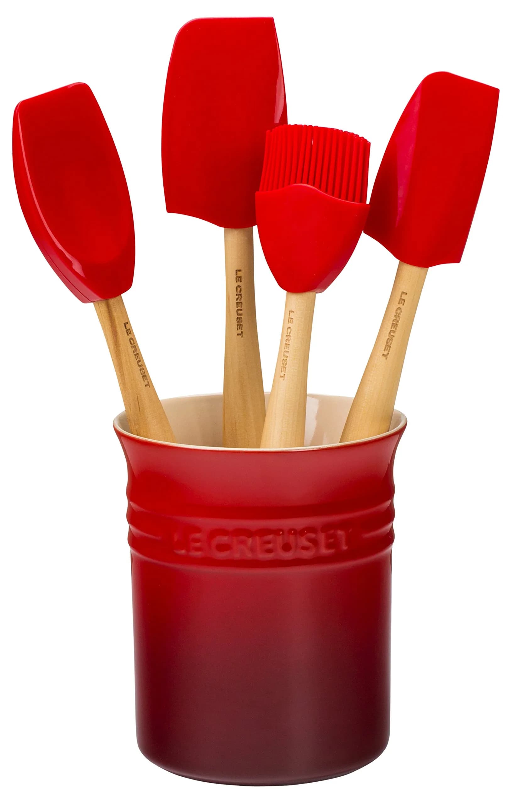 Le Creuset Stoneware & Silicone 5pc Utensil Crock Set Cerise | 1 Quart (295 ml) Capacity