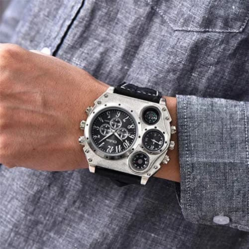 Avaner Men's Oversized Big Face Steampunk Retro Leather Wrist Watch | Dual Time Zone Analog Quartz thumbnail 2