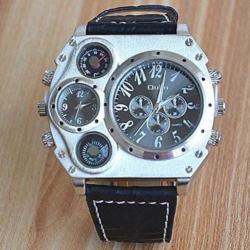 Avaner Men's Oversized Big Face Steampunk Retro Leather Wrist Watch | Dual Time Zone Analog Quartz thumbnail 3