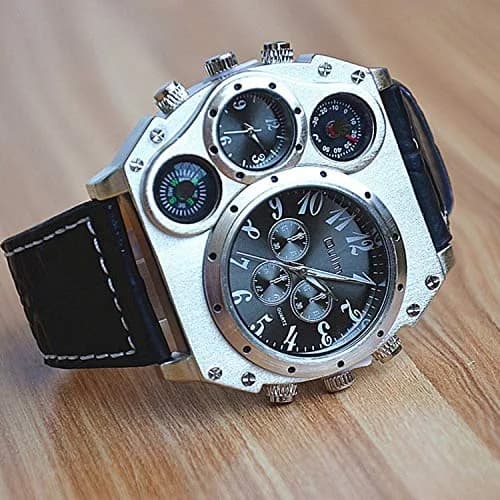 Avaner Men's Oversized Big Face Steampunk Retro Leather Wrist Watch | Dual Time Zone Analog Quartz thumbnail 4
