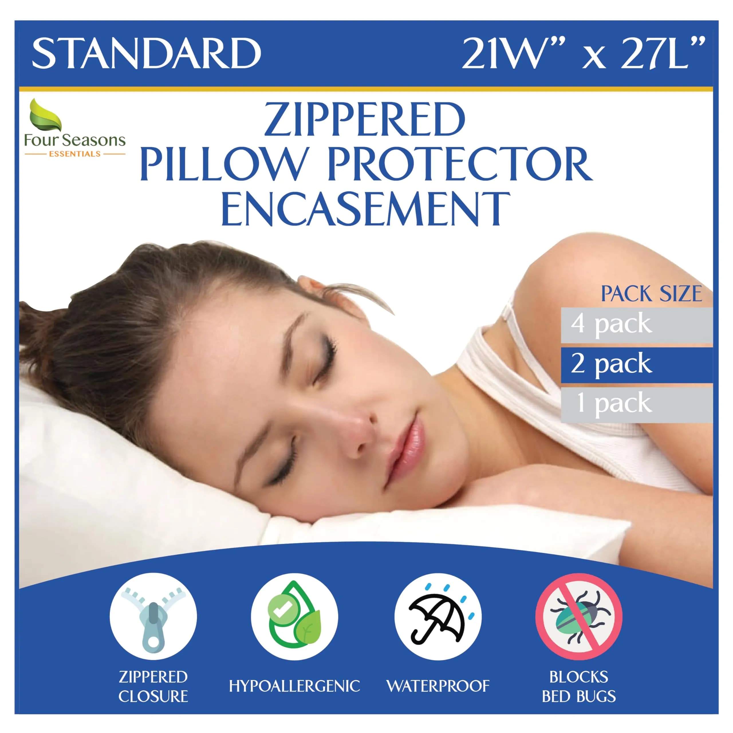 Four Seasons Essentials Standard Pillow Protectors (Set of 2) 53cm x 69cm | Hypoallergenic Waterproof Zippered Pillow Covers - main product image