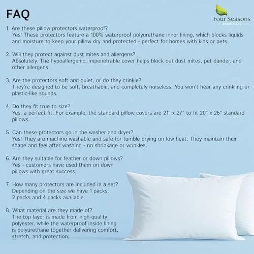 Four Seasons Essentials Standard Pillow Protectors (Set of 2) 53cm x 69cm | Hypoallergenic Waterproof Zippered Pillow Covers thumbnail 9