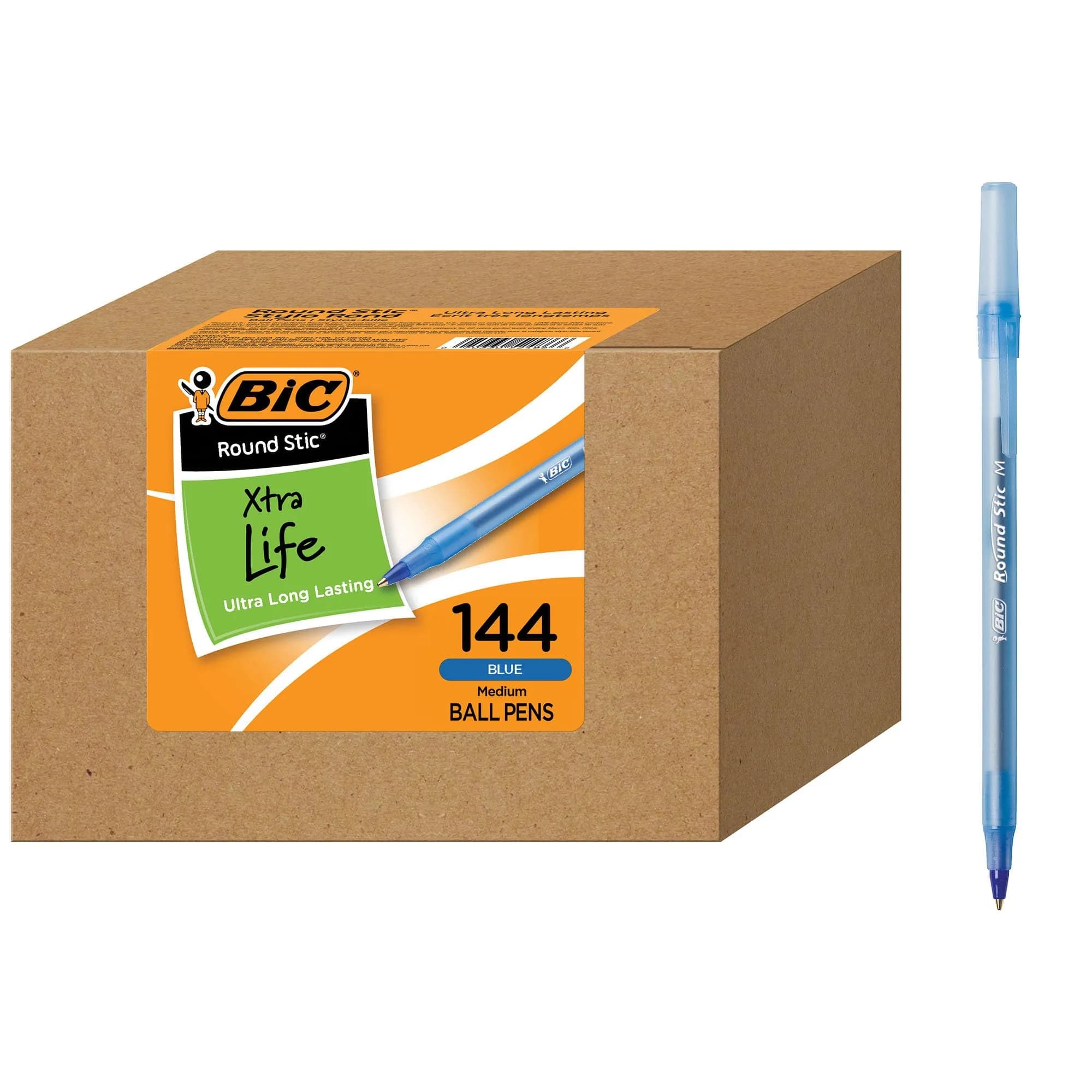 BIC Round Stic Xtra Life Blue Ballpoint Pens, 144-Count Pack | Smooth Ink Flow for Office & School — Blue