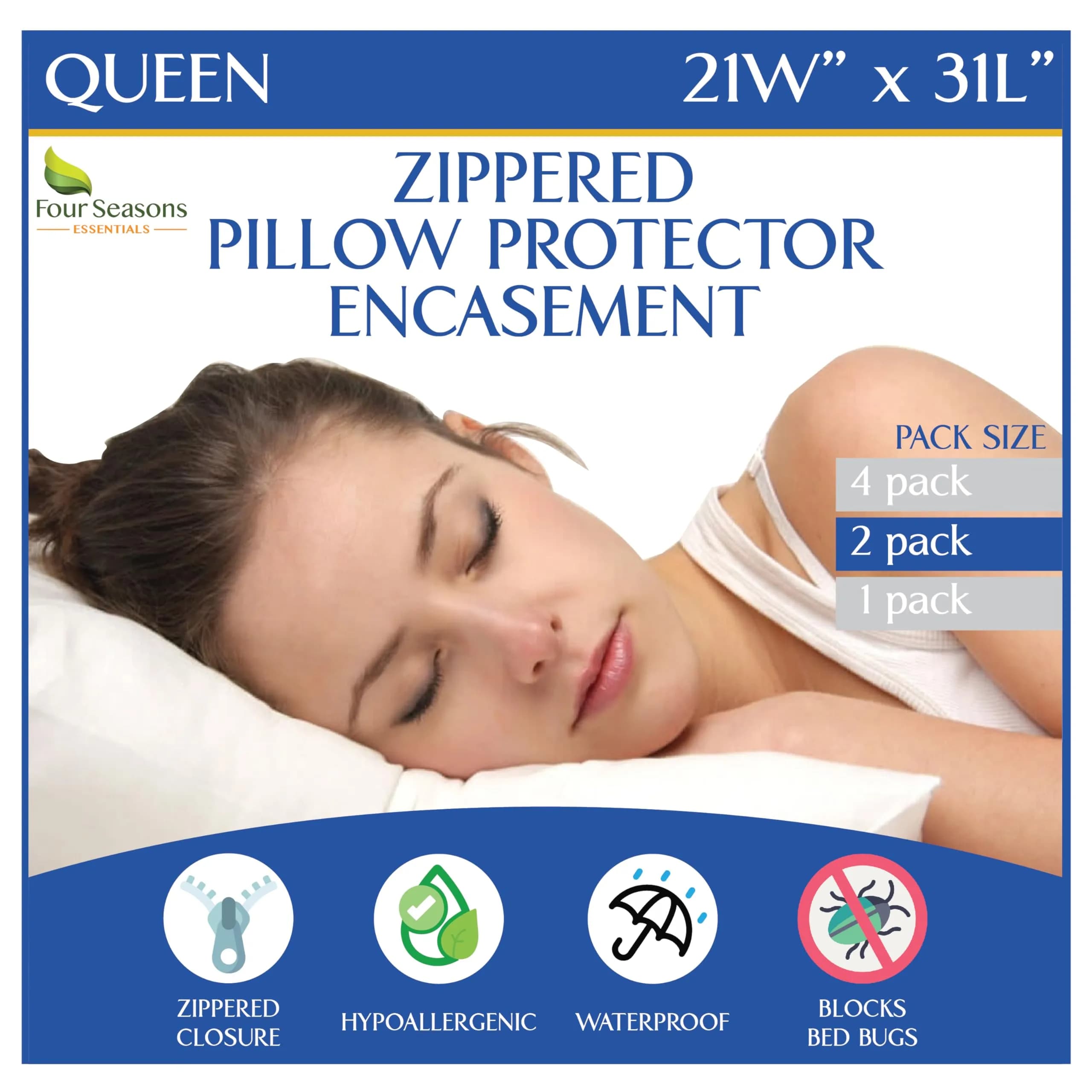 Four Seasons Essentials Queen Size Waterproof Pillow Protectors (Set of 2) 53cm x 79cm | Hypoallergenic Zippered Pillow Encasement
